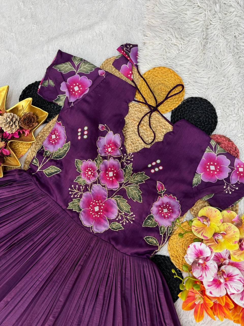 Mul Mul Cotton Gown – Printed with Maggam Work