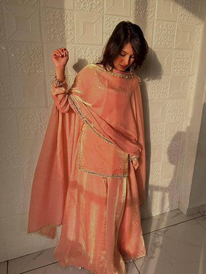 Fandy Silk Party Top Pallazo & Dupatta Set – Mirror & Lace Work