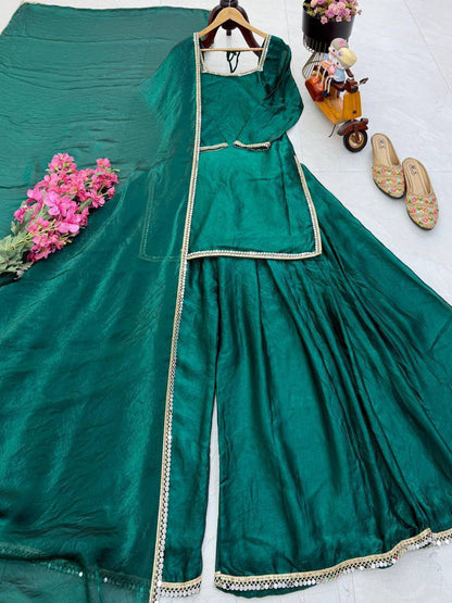 Fandy Silk Party Top Pallazo & Dupatta Set – Mirror & Lace Work