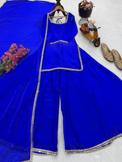 Fandy Silk Party Top Pallazo & Dupatta Set – Mirror & Lace Work