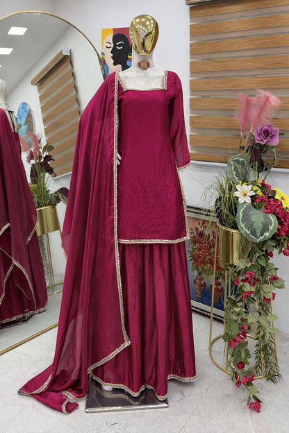 Fandy Silk Party Top Pallazo & Dupatta Set – Mirror & Lace Work
