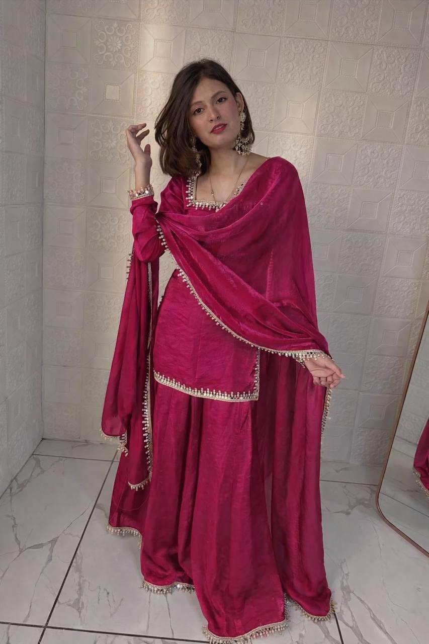 Fandy Silk Party Top Pallazo & Dupatta Set – Mirror & Lace Work