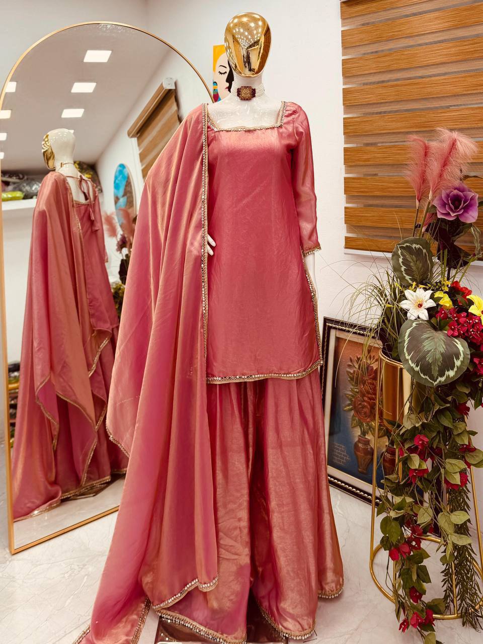 Fandy Silk Party Top Pallazo & Dupatta Set – Mirror & Lace Work