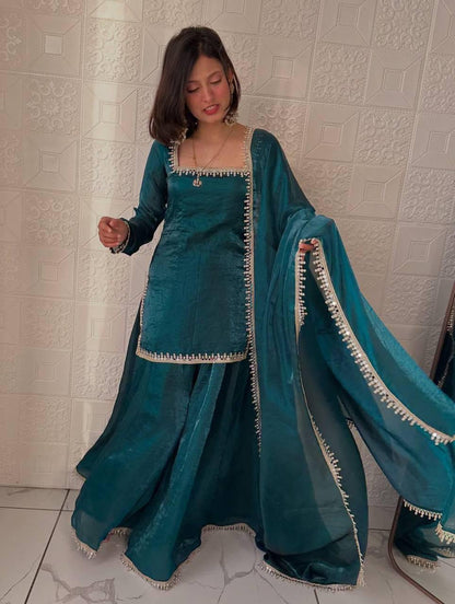 Fandy Silk Party Top Pallazo & Dupatta Set – Mirror & Lace Work