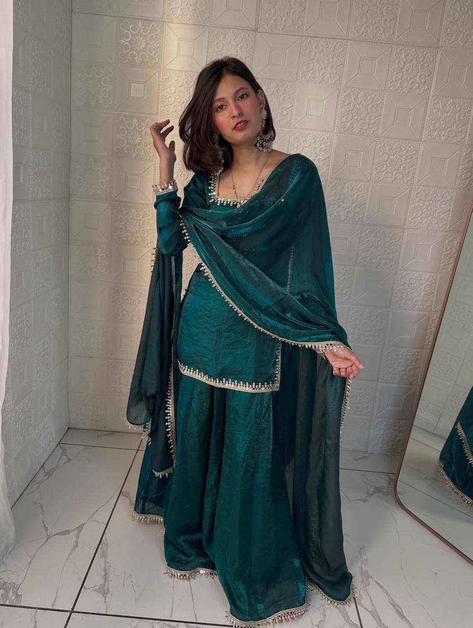 Fandy Silk Party Top Pallazo & Dupatta Set – Mirror & Lace Work