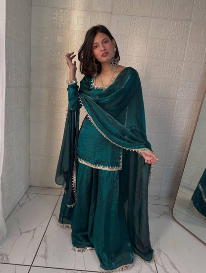 Fandy Silk Party Top Pallazo & Dupatta Set – Mirror & Lace Work