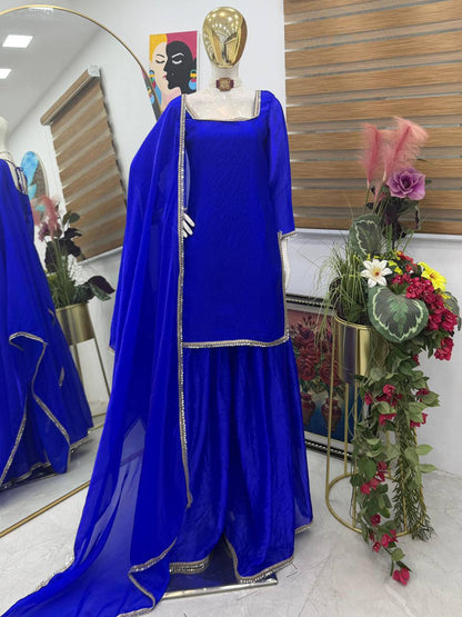 Fandy Silk Party Top Pallazo & Dupatta Set – Mirror & Lace Work