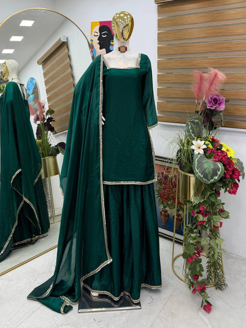 Fandy Silk Party Top Pallazo & Dupatta Set – Mirror & Lace Work