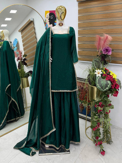 Fandy Silk Party Top Pallazo & Dupatta Set – Mirror & Lace Work