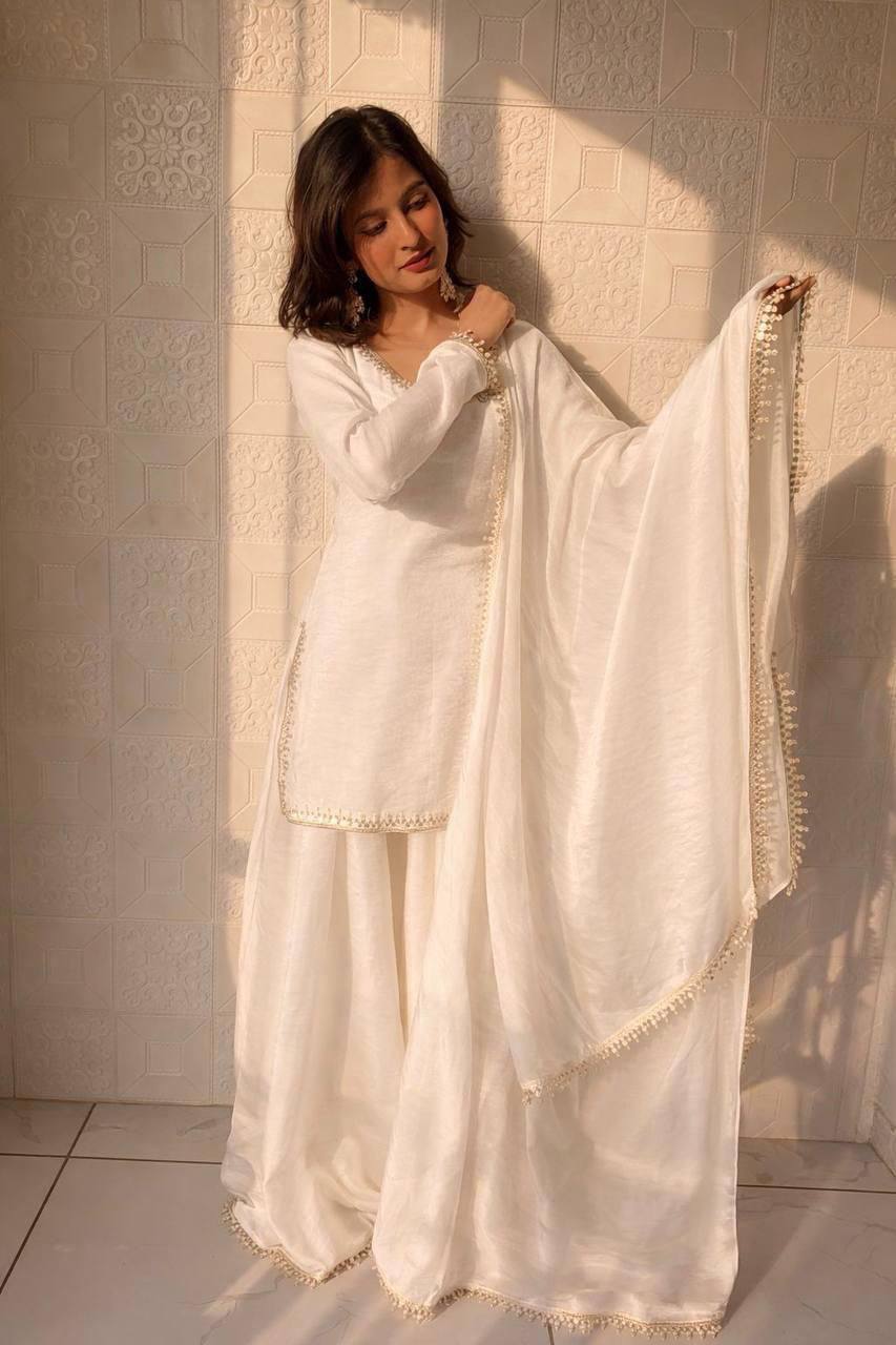 Fandy Silk Party Top Pallazo & Dupatta Set – Mirror & Lace Work