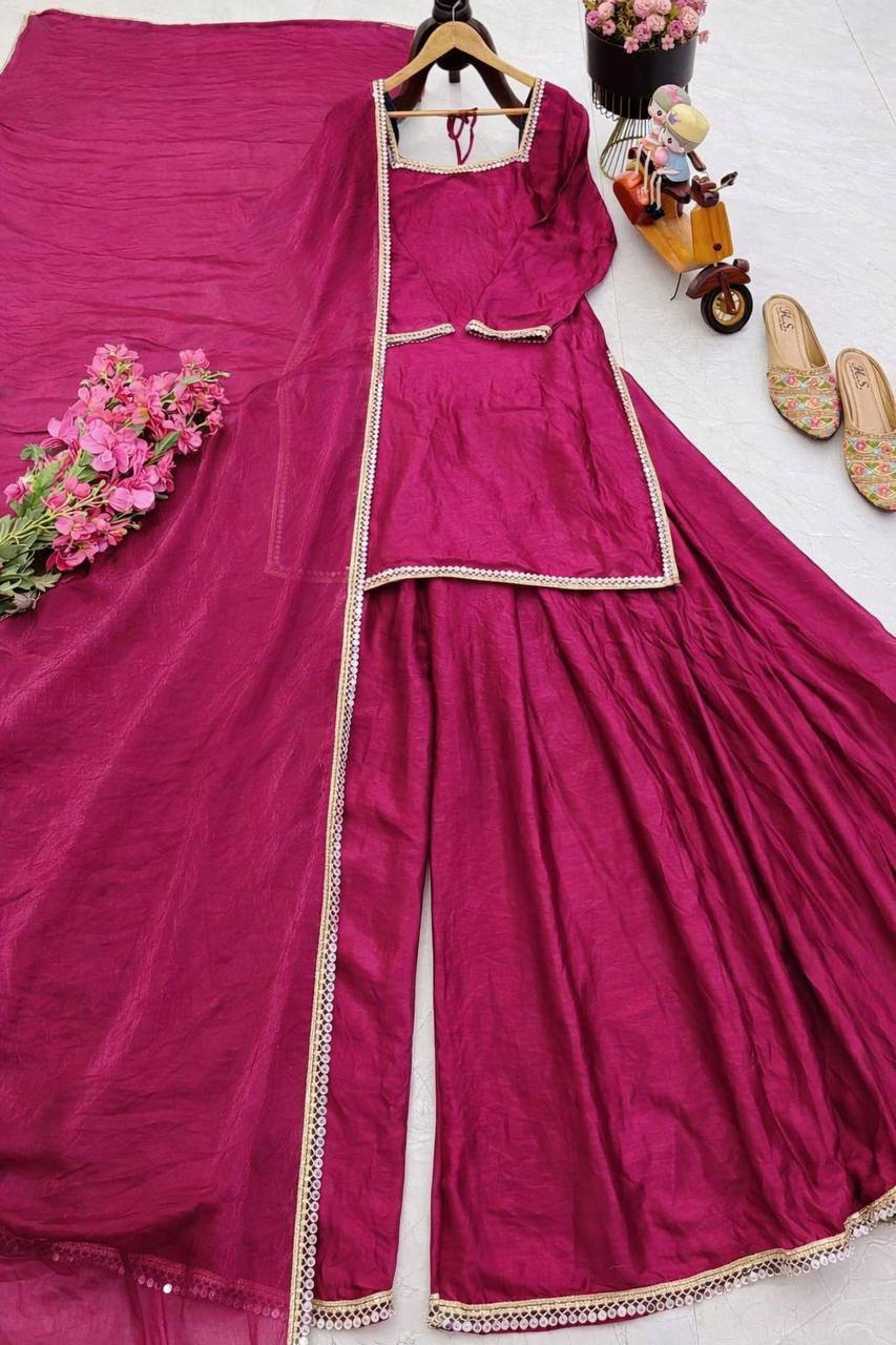 Fandy Silk Party Top Pallazo & Dupatta Set – Mirror & Lace Work