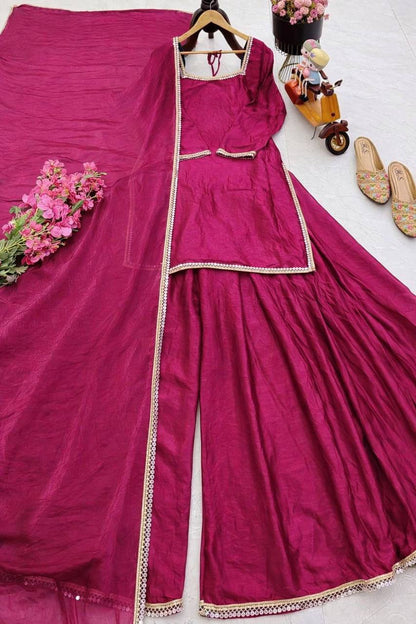 Fandy Silk Party Top Pallazo & Dupatta Set – Mirror & Lace Work