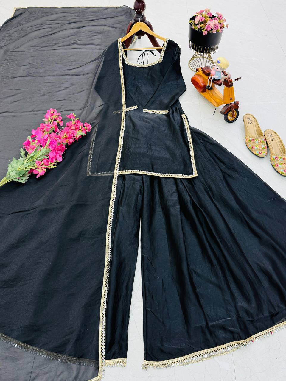 Fandy Silk Party Top Pallazo & Dupatta Set – Mirror & Lace Work