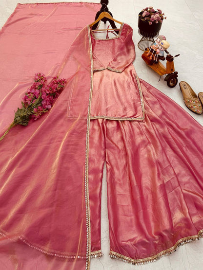 Fandy Silk Party Top Pallazo & Dupatta Set – Mirror & Lace Work