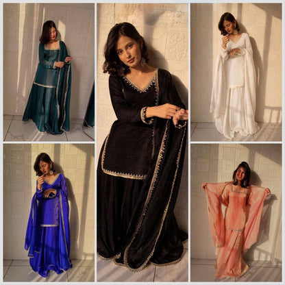Fandy Silk Party Top Pallazo & Dupatta Set – Mirror & Lace Work