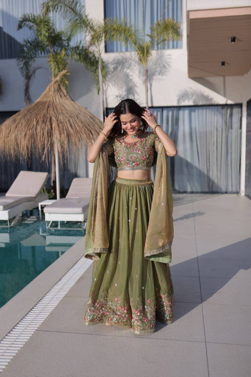Fendi Silk Lehenga Choli Dupatta Set – Multi Thread Embroidery Work
