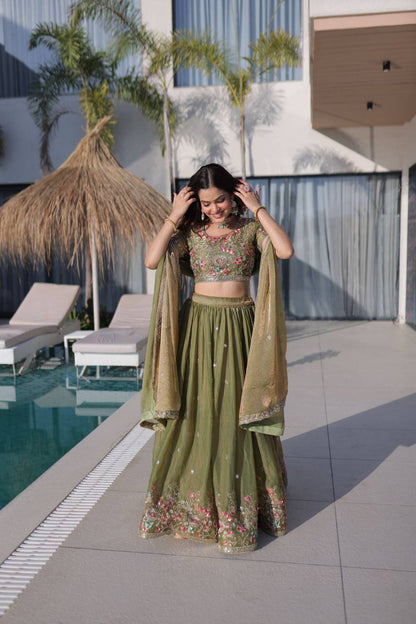Fendi Silk Lehenga Choli Dupatta Set – Multi Thread Embroidery Work