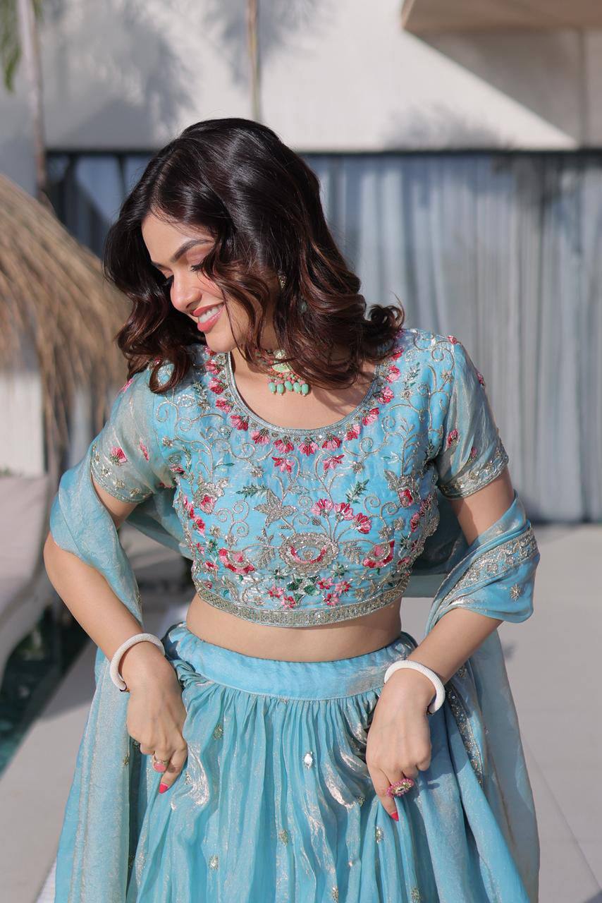 Fendi Silk Lehenga Choli Dupatta Set – Multi Thread Embroidery Work