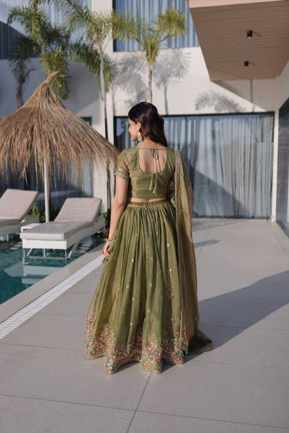 Fendi Silk Lehenga Choli Dupatta Set – Multi Thread Embroidery Work