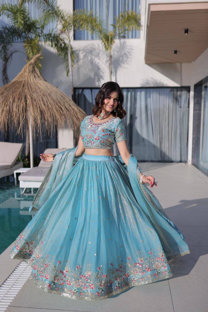 Fendi Silk Lehenga Choli Dupatta Set – Multi Thread Embroidery Work