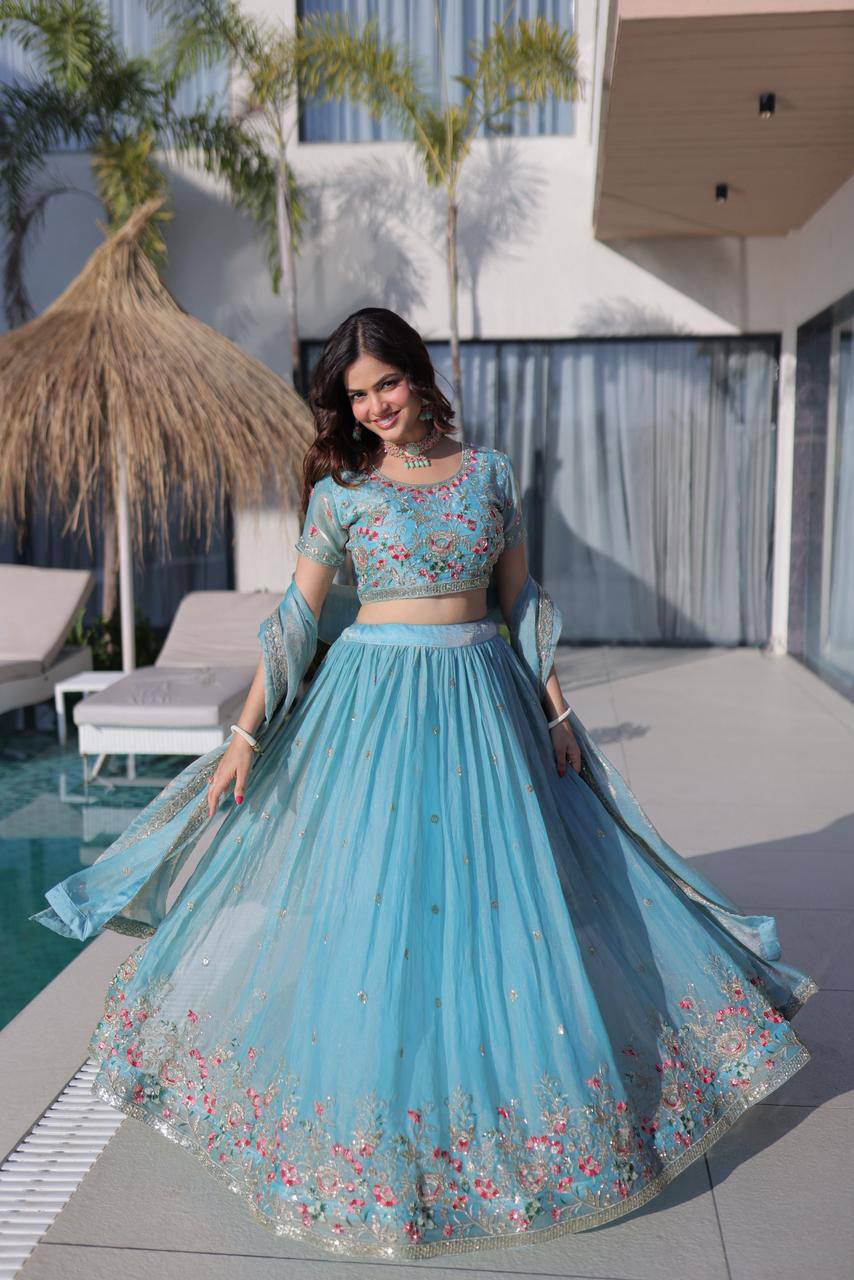Fendi Silk Lehenga Choli Dupatta Set – Multi Thread Embroidery Work