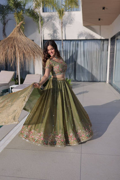 Fendi Silk Lehenga Choli Dupatta Set – Multi Thread Embroidery Work