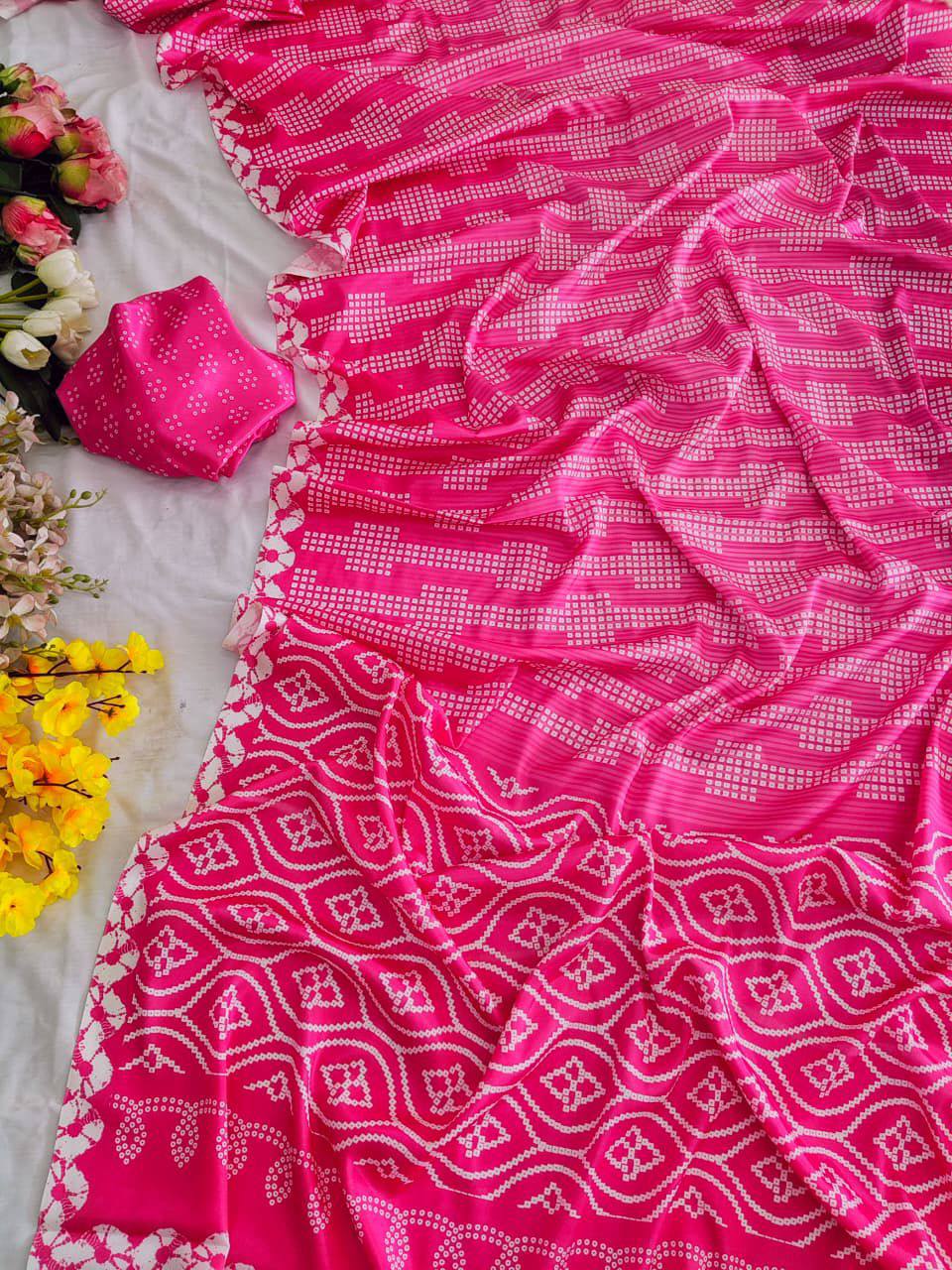 Chinnon Bandhani Print Saree – Digital Print with Contrast Blouse