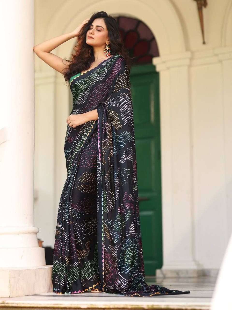 Chinnon Bandhani Print Saree – Digital Print with Contrast Blouse