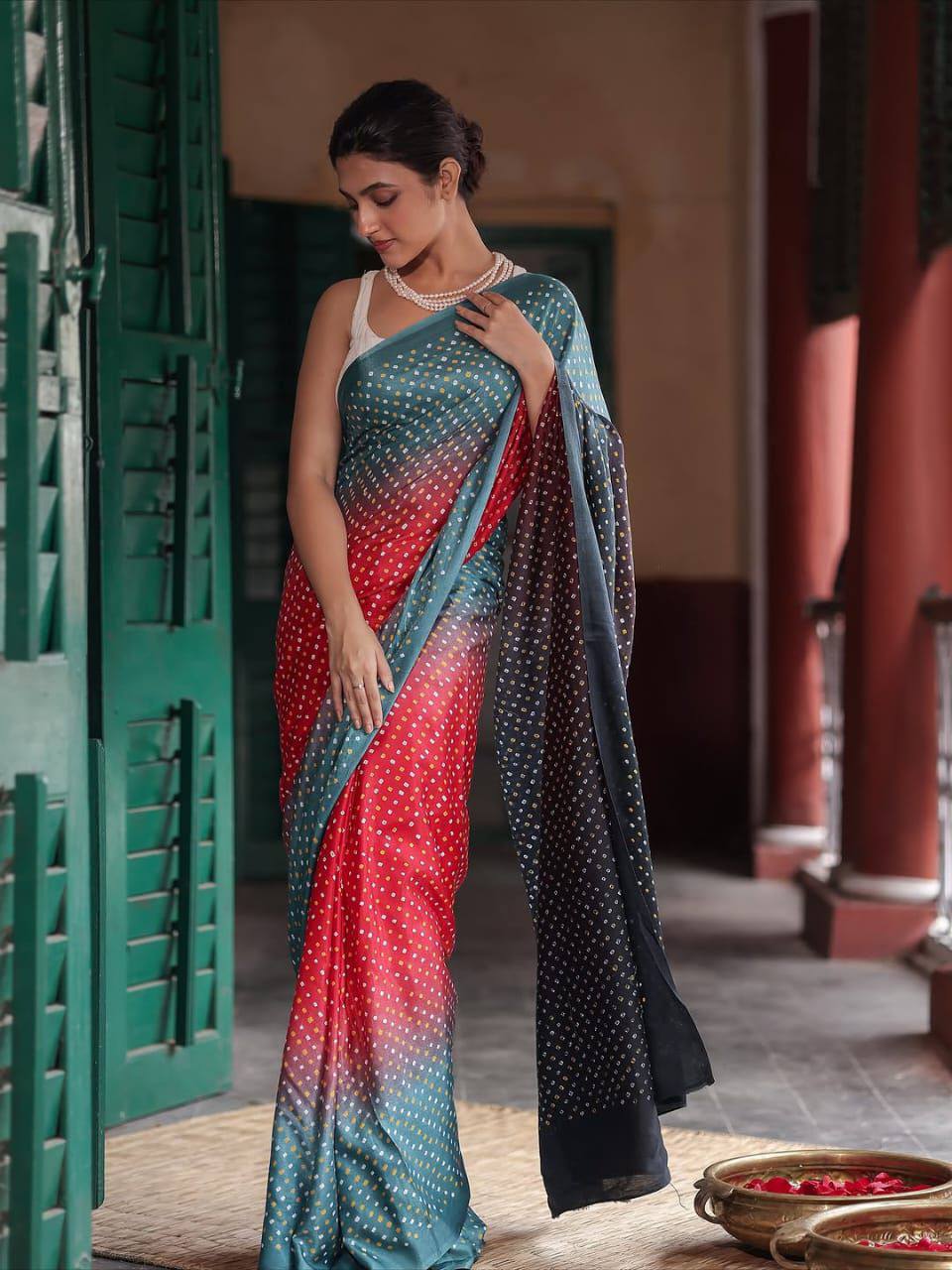Chinnon Bandhani Print Saree – Digital Print with Contrast Blouse