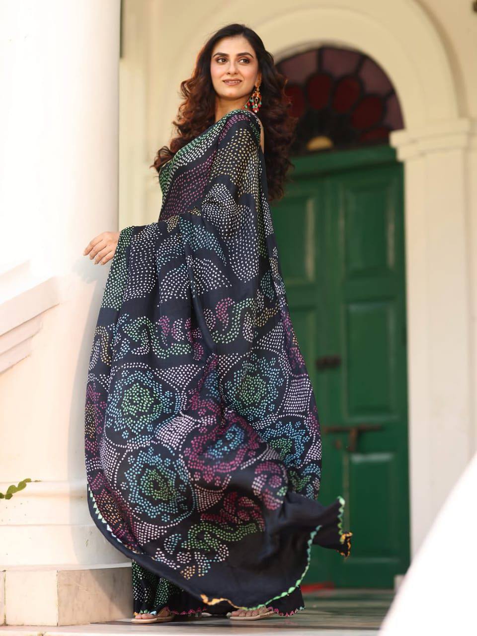 Chinnon Bandhani Print Saree – Digital Print with Contrast Blouse