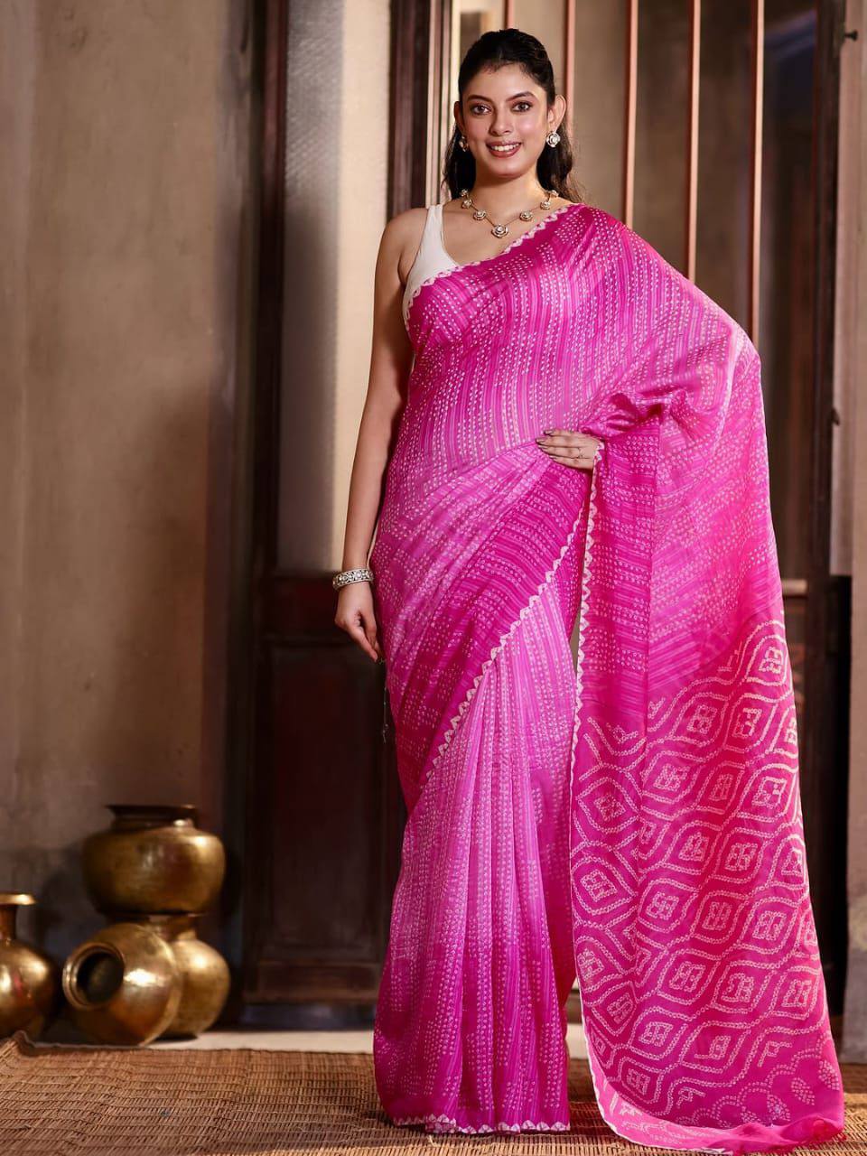 Chinnon Bandhani Print Saree – Digital Print with Contrast Blouse