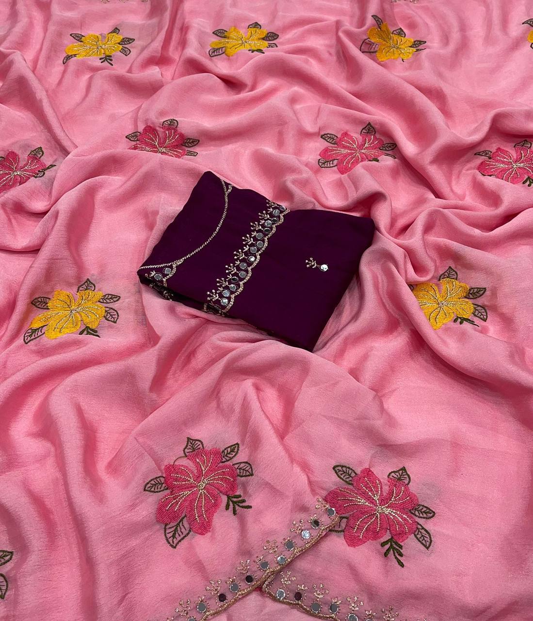 Soft Chinon Silk Saree – Embroidery & Mirror Work with Blouse