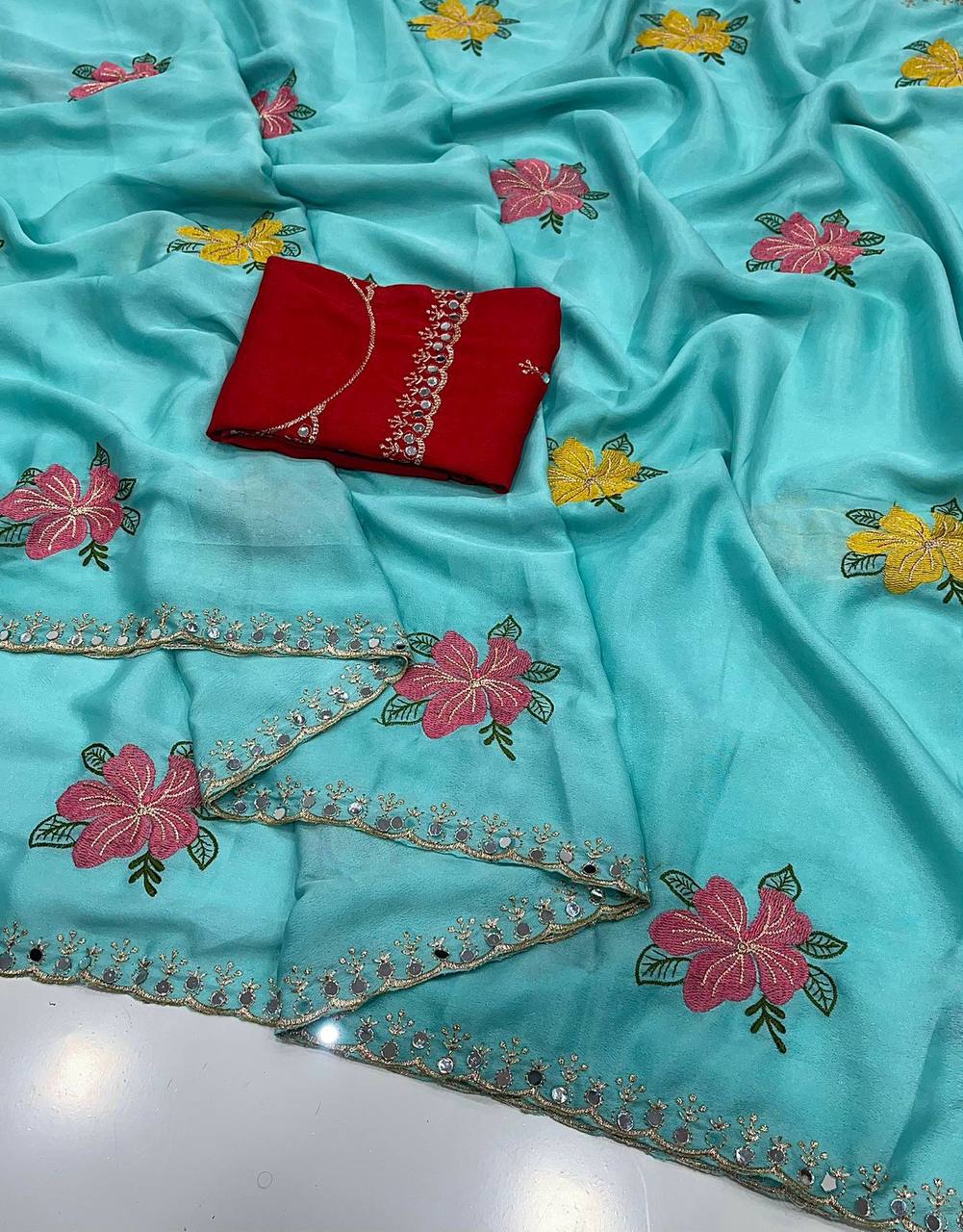 Soft Chinon Silk Saree – Embroidery & Mirror Work with Blouse