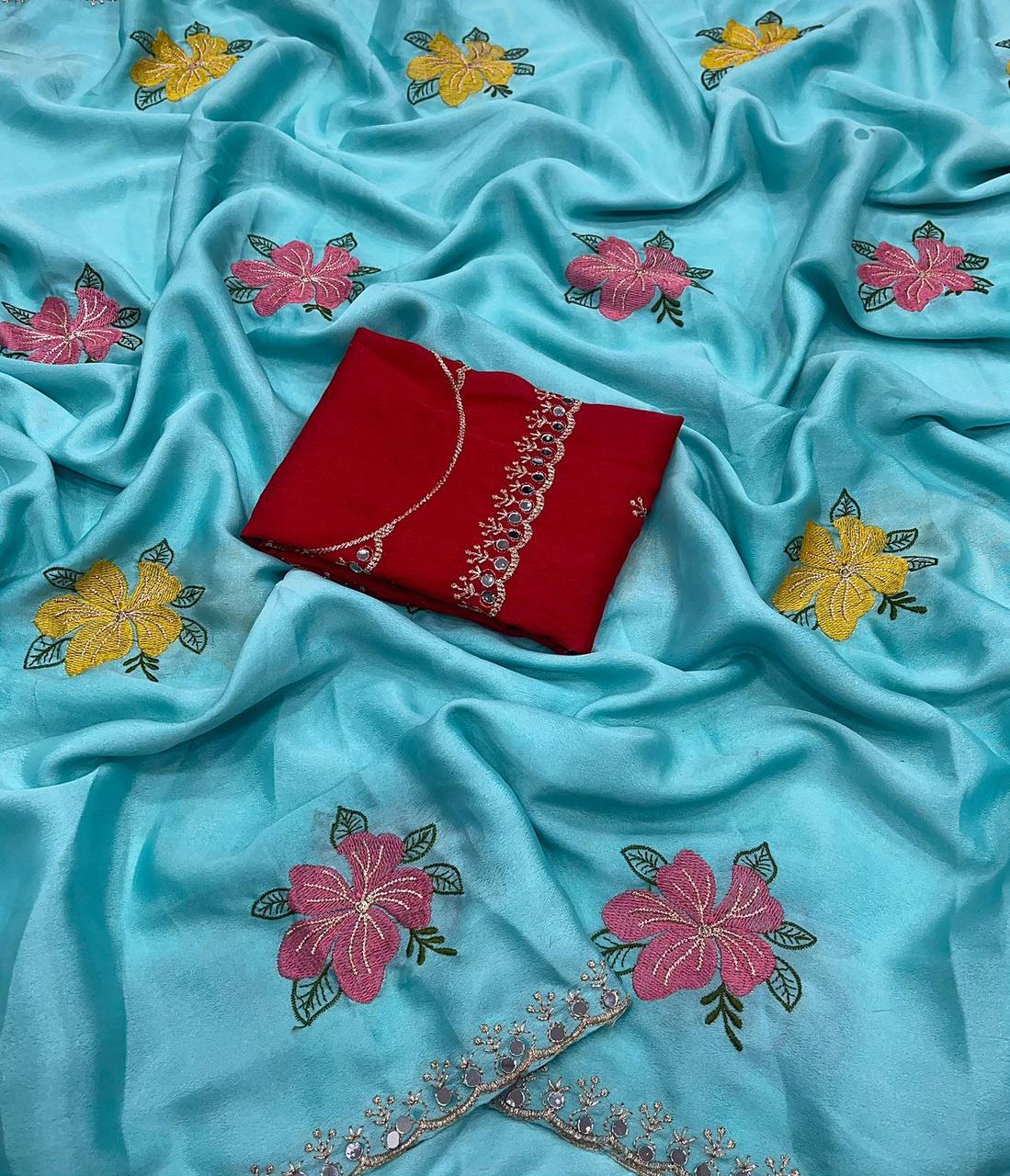 Soft Chinon Silk Saree – Embroidery & Mirror Work with Blouse