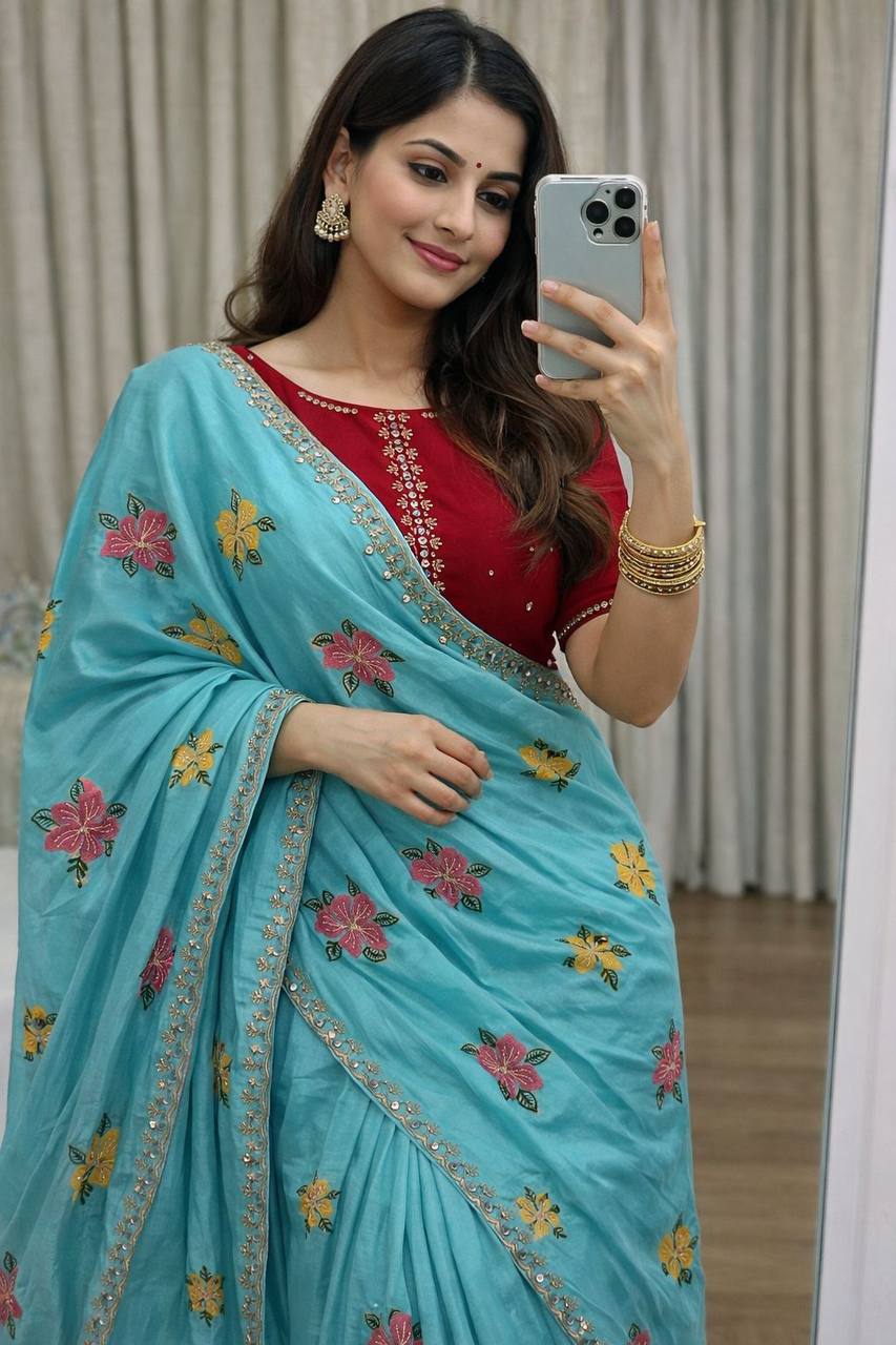 Soft Chinon Silk Saree – Embroidery & Mirror Work with Blouse