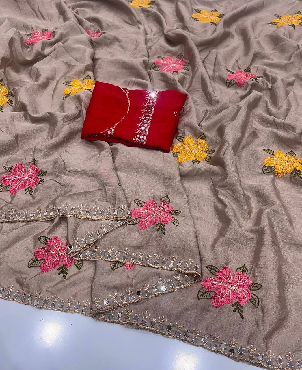 Soft Chinon Silk Saree – Embroidery & Mirror Work with Blouse