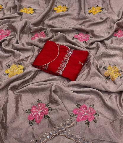 Soft Chinon Silk Saree – Embroidery & Mirror Work with Blouse
