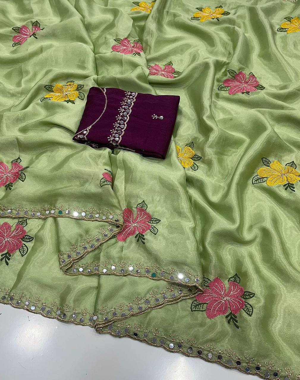 Soft Chinon Silk Saree – Embroidery & Mirror Work with Blouse
