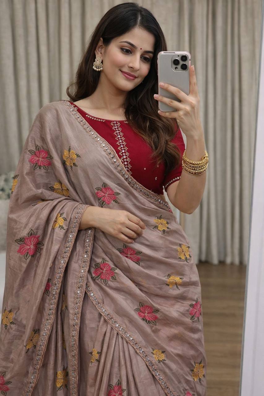 Soft Chinon Silk Saree – Embroidery & Mirror Work with Blouse