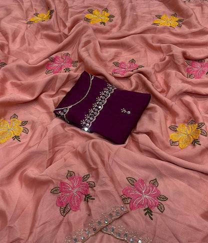 Soft Chinon Silk Saree – Embroidery & Mirror Work with Blouse