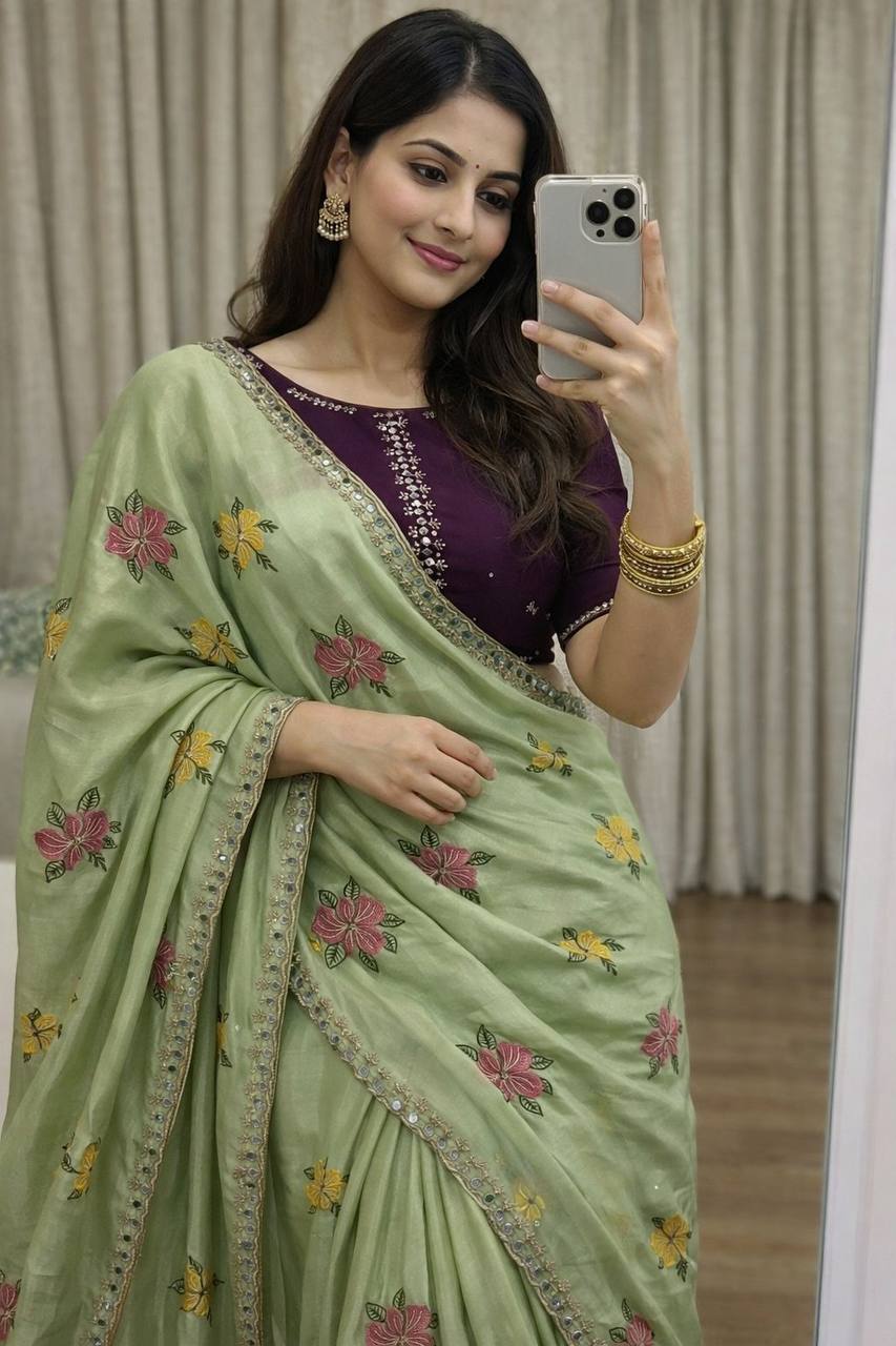 Soft Chinon Silk Saree – Embroidery & Mirror Work with Blouse