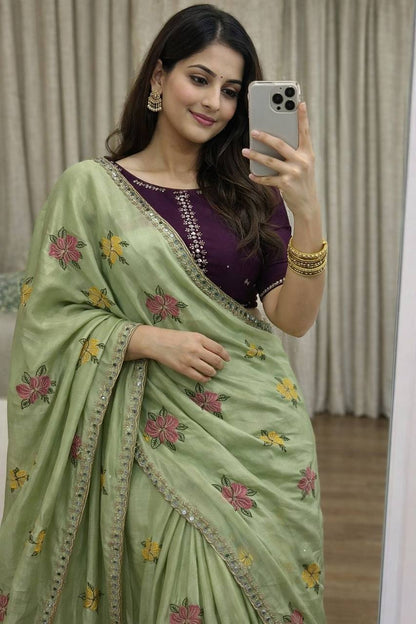 Soft Chinon Silk Saree – Embroidery & Mirror Work with Blouse