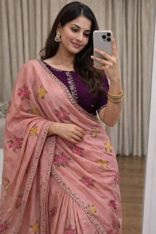 Soft Chinon Silk Saree – Embroidery & Mirror Work with Blouse