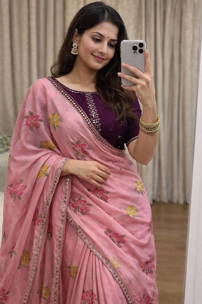 Soft Chinon Silk Saree – Embroidery & Mirror Work with Blouse