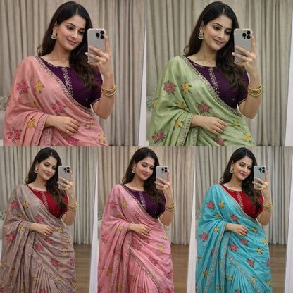 Soft Chinon Silk Saree – Embroidery & Mirror Work with Blouse