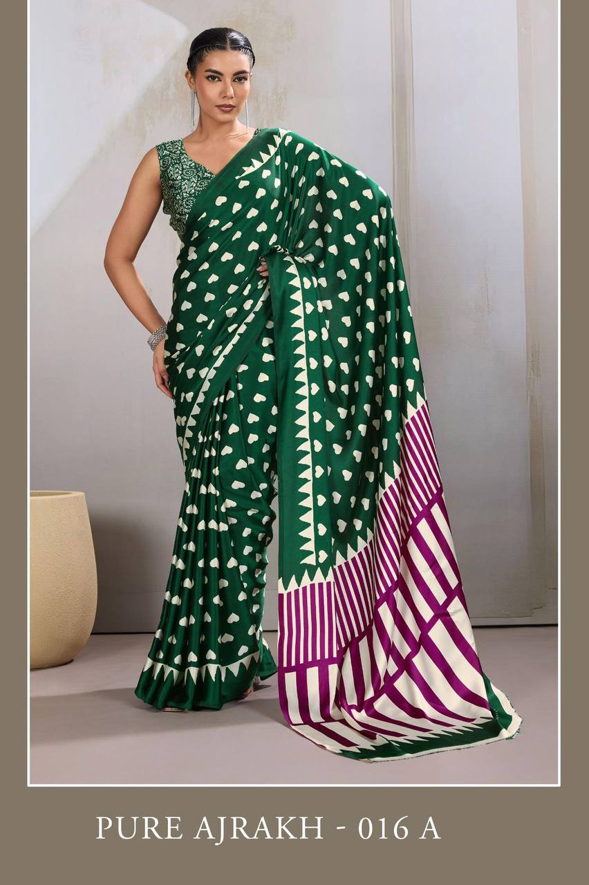Pure Ajrakh Modal Satin Saree – Traditional Ajrakh Print with Blouse