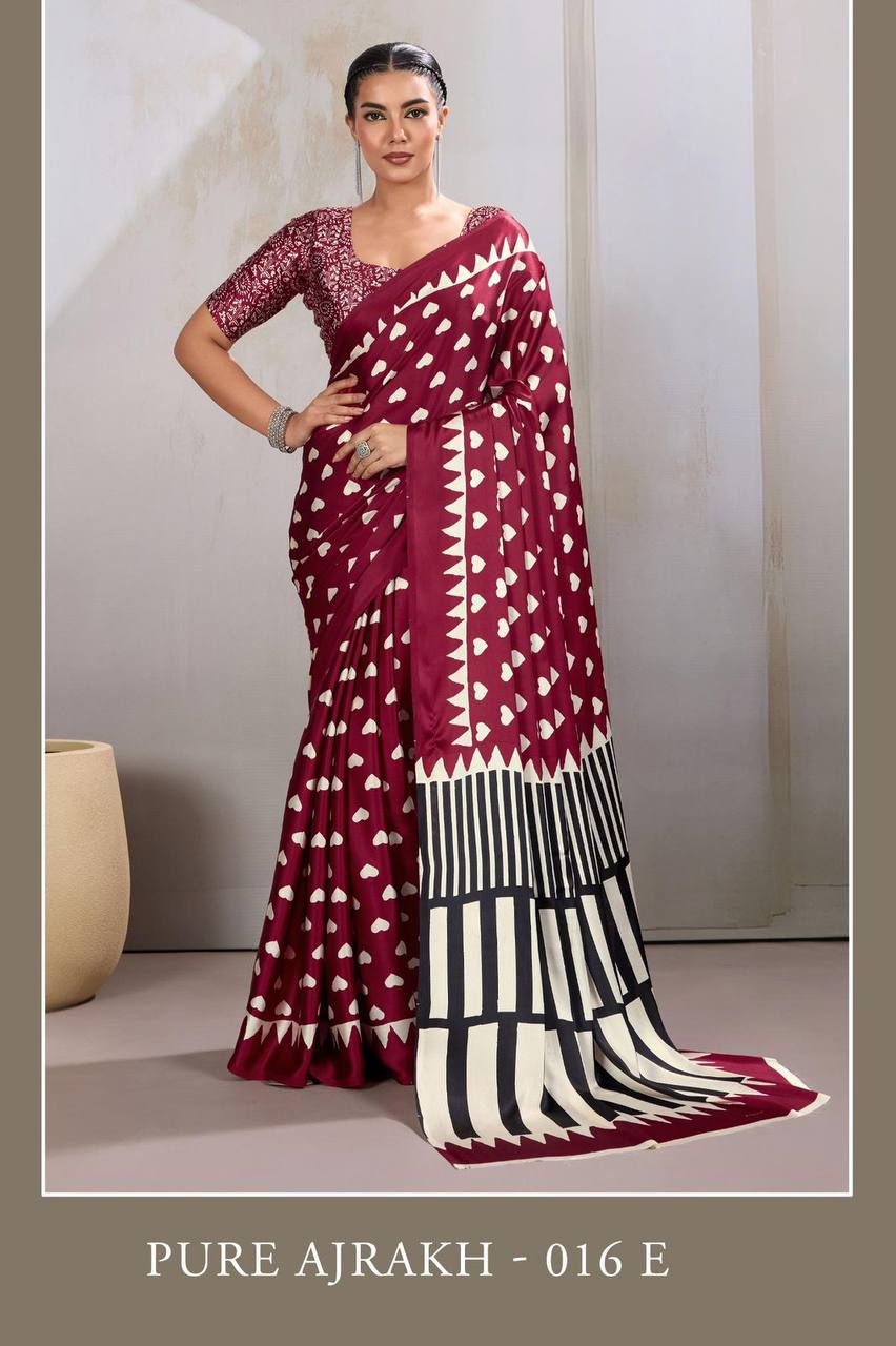 Pure Ajrakh Modal Satin Saree – Traditional Ajrakh Print with Blouse