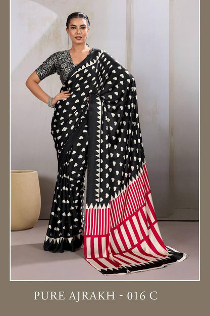 Pure Ajrakh Modal Satin Saree – Traditional Ajrakh Print with Blouse