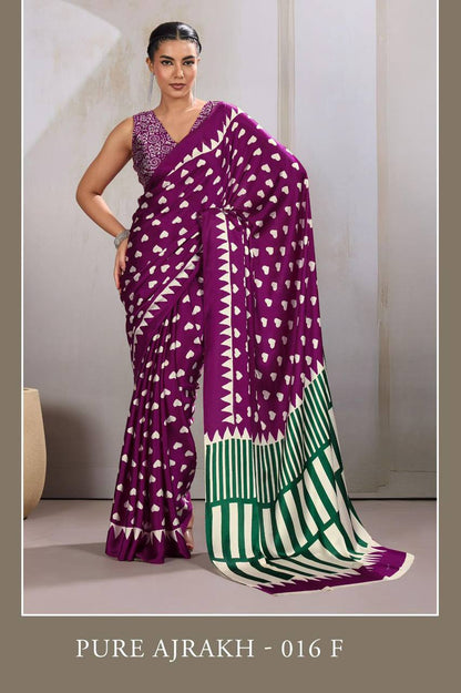 Pure Ajrakh Modal Satin Saree – Traditional Ajrakh Print with Blouse