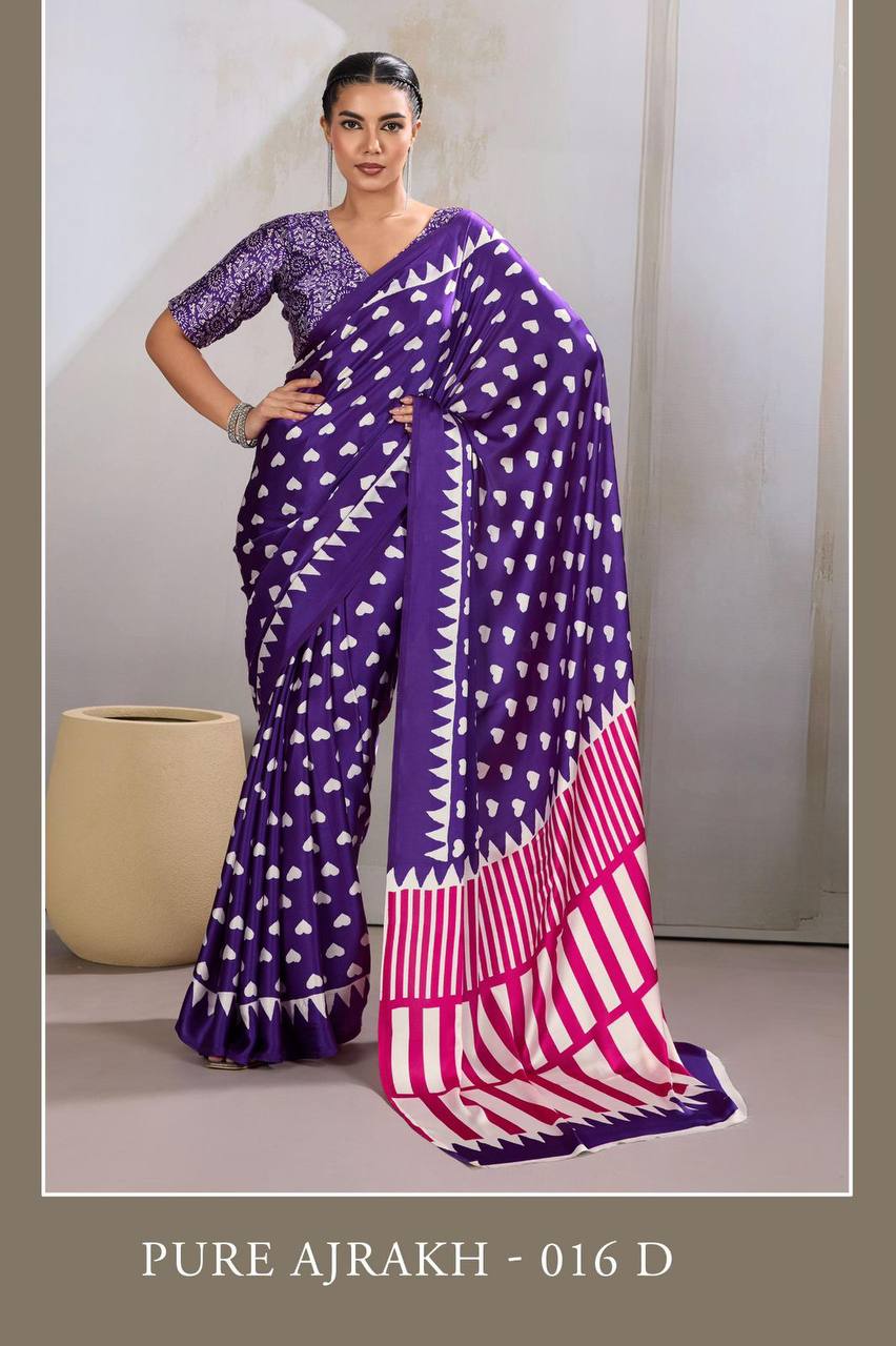 Pure Ajrakh Modal Satin Saree – Traditional Ajrakh Print with Blouse